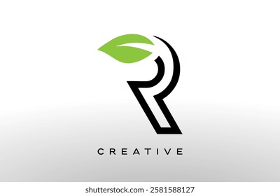 Letter R logo design with green leaf made of black lines vector Illustration