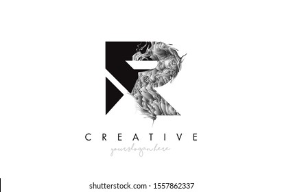 Letter R Logo Design Icon with Artistic Grunge Texture In Black and White Vector Illustration.