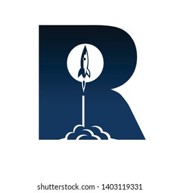 the letter R logo design with illustrations of rocket launches