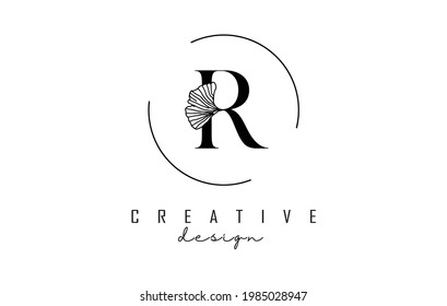 Diseño del logotipo Carta R con detalles de hoja y marco de círculo. Ilustración vectorial con elementos botánicos. Plantilla de naturaleza con carta R para marca personal, empresas, negocios, ecológicos o productos naturales.