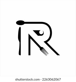 Letter R logo design with spoon, fork , knife and eye symbol . Can be used for cafe, restaurant, decoration and food business logos.