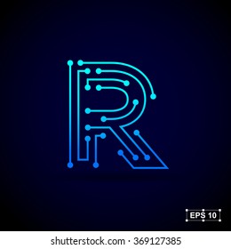 Letter R logo design template,Technology abstract dot connection cross vector logo icon circle logotype