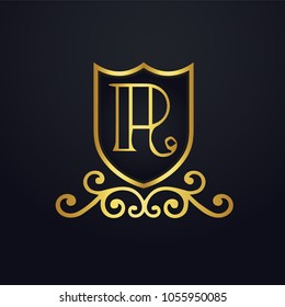 Letter R logo. Design vector illustration with Gold Shield and Ornament.