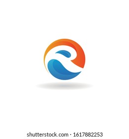 letter r logo design vector with circle, water, swoosh element template