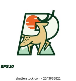 Letter R logo design vector with deer icon in monoline shape