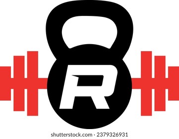 letter r logo design vector file with dumbbell and kettlebell