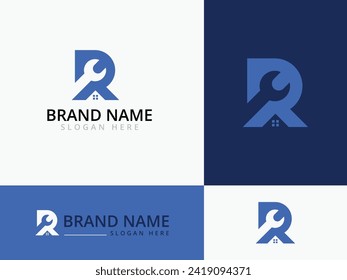 Letter R logo design, wrench and home icon for Home renovation, construction, repair and maintenance logo concept vector template