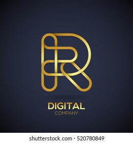 Letter R Logo Design.Linked shape circle symbol,Digital,Gold color