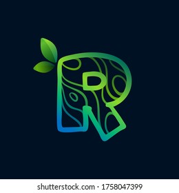 Letter R logo with eco waves pattern. Perfect vector green icon for landscape design, natural print and cartography labels, etc.