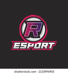 Letter R logo eSports design template, gamer mascot logo illustration design with initial emblem.