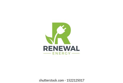 Letter R logo formed negative space of electric plugs with green color
