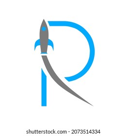 The letter R logo is formed from a rocket that is gliding. combined with a unique and calm color