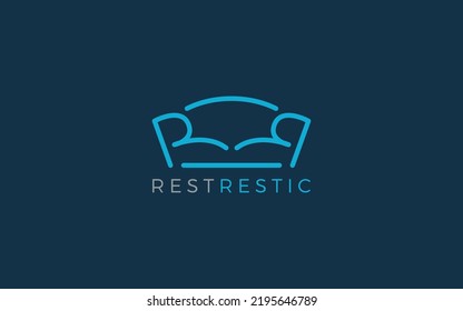 Logo des Buchstaben R ist ein Sofa-Stuhl, das ein Symbol für Entspannung in blauer Farbe ist