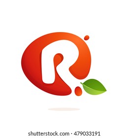 Letter R logo in fresh juice splash with green leaves. Vector elements for natural application, ecology presentation, business card or cafe posters.