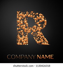Letter R logo gold dots. Alphabet logotype with abstract golden bubbles shape on black background. Vector template for your design