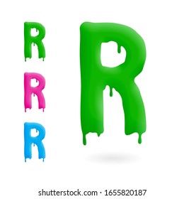 Letter R logo. Green, blue and pink character with drips. Dripping liquid symbol. Isolated vector