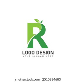 letter R logo with green leaves  nature logo icon design template