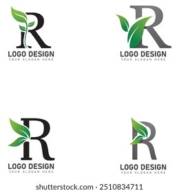 letter R logo with green leaves  nature logo icon design template