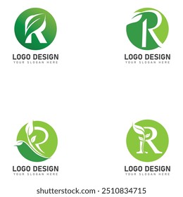 letter R logo with green leaves  nature logo icon design template