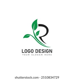 letter R logo with green leaves  nature logo icon design template