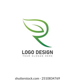 letter R logo with green leaves  nature logo icon design template