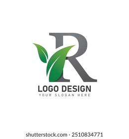letter R logo with green leaves  nature logo icon design template