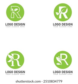 letter R logo with green leaves  nature logo icon design template