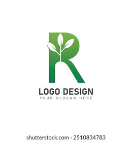 letter R logo with green leaves  nature logo icon design template