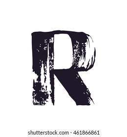 Letter R logo hand drawn with dry brush. Manual tracing with clean lines. Not auto trace. Vector grunge style design elements for T-shirt, label, badge, card or poster.