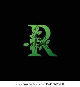 Letter R  logo icon. Creative vector logo icon design concept green nature floral tree ornament with letter R for business or company identity. 