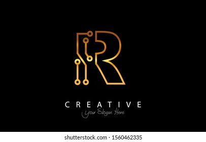 Letter R Logo Icon Design With Circuit Shape. Initial R luxury logo design with gold color for your business.
