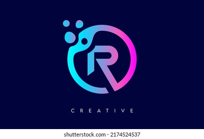 Letter R Logo Icon Design with Dots and Bubbles inside a Circular Shape in Purple Neon Colors Vector Illustration.