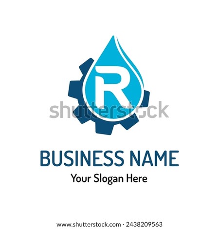 Letter R Logo Idea for Water Repair, Water Maintenance. Simple Modern Plumbing Service Logo with Water Drop and Gear Stock foto © 