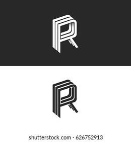 Letter R logo isometric emblem RRR symbol mockup, black and white monogram hipster design element template. Perspective linear geometric shape with shadow.