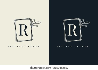 Letter R logo label with leaf vintage frame template design. Vector Eps 10