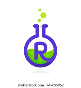 Letter R logo in laboratory beaker. Vector elements for science, biology, physics or chemistry design.