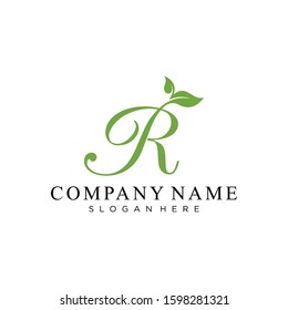 Letter R logo with leaves. Handwritten with initials in capital letters.