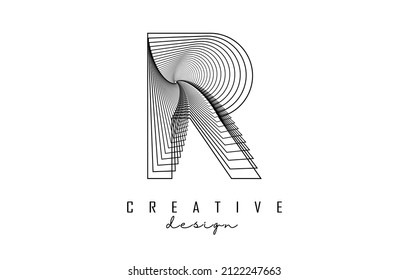 Letter R logo with lines and spiral effect. Vector illustration with geometric typography. Creative icon with letter.