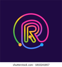 Letter R logo made of circle shape circuit. Multicolor gradient vector design can be used for technology ads, digital poster, communication identity, etc.