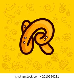 Letter R logo made of pretzel. Hand-drawn with Oktoberfest pattern on background. Perfect to use in any German restaurant advertising, party posters, appetizer identity, etc.
