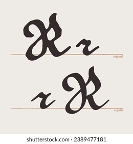 Logo de la letra R. Tipo de script medieval. Caligrafía original y regular. Conjunto gótico de la Edad Media. Letra vintage germánica en letras negras para cuento de hadas, titular de Fraktur, cabecera de escuela antigua, manuscrito herálgico.