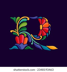 Letter R logo with Mexican colorful and ornate ethnic pattern. Traditional Aztec leaves and flowers embroidery ornament. Vector design template for folk Spanish food, holidays, carnival, and party.