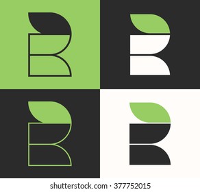 Letter R logo Modular eco element on green white and black background Minimal grid modern font Retro geometric style Vector unusual design