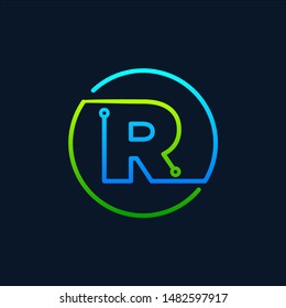 Letter R logo mono line, Connect concept , Circle shape symbol, green and blue color, Technology and digital abstract dot connection - vector