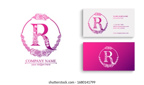 Letter R logo or monogram. For your business. Vector sign. Floral style, beautiful roses. Personal logo.