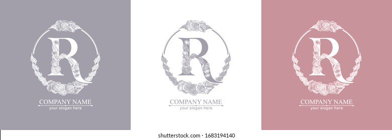 Letter R logo or monogram. For your business. Vector sign. Floral style, beautiful roses. Personal logo.