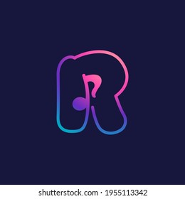 Letter R logo with musical note. Vector line icon for Audio company, Sound media magazine, Singer and DJ poster.