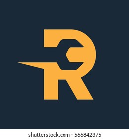 Letter R logo with the negative space wrench inside for repair service company.