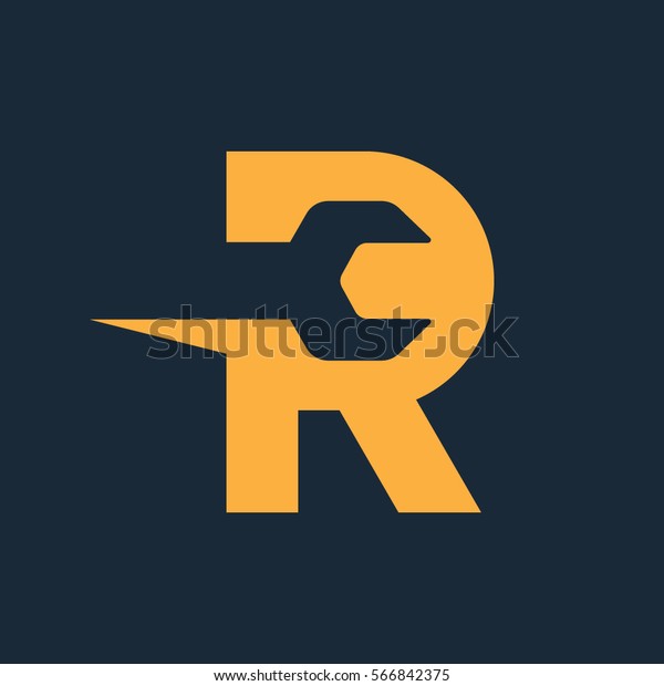Letter R logo with the negative space wrench\
inside for repair service\
company.