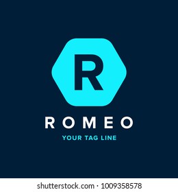 letter R logo on a polygon blue background. Initial letter uppercase polygon shape negative design logo.
